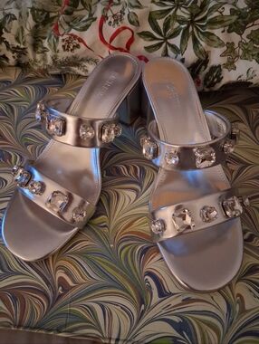 J. Crew Silver Metallic Slides with Faux Diamond Embellishments NIB
